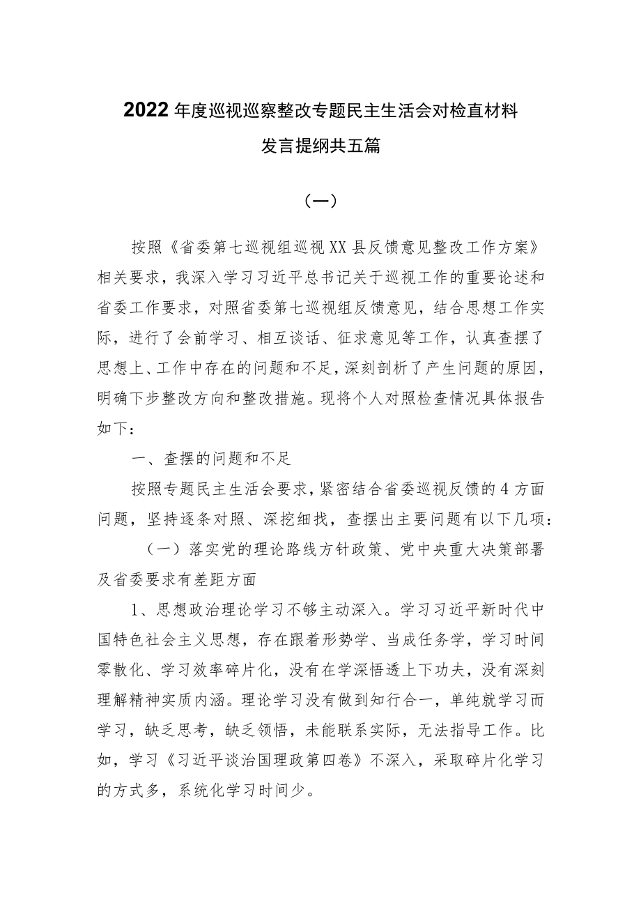 2022年度巡视巡察整改专题民主生活会对检查材料发言提纲共五篇.docx_第1页