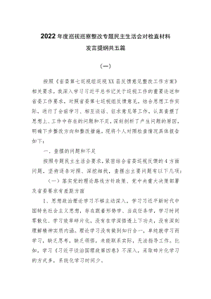 2022年度巡视巡察整改专题民主生活会对检查材料发言提纲共五篇.docx