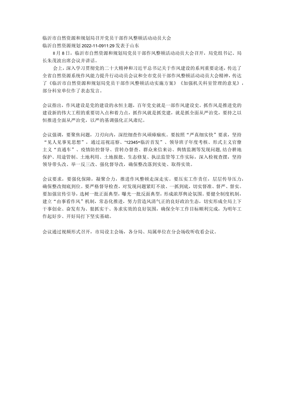 临沂市自然资源和规划局召开党员干部作风整顿活动动员大会.docx_第1页