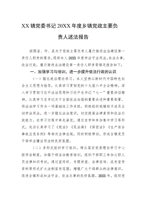 XX镇党委书记20XX年度乡镇党政主要负责人述法报告（20220217）.docx