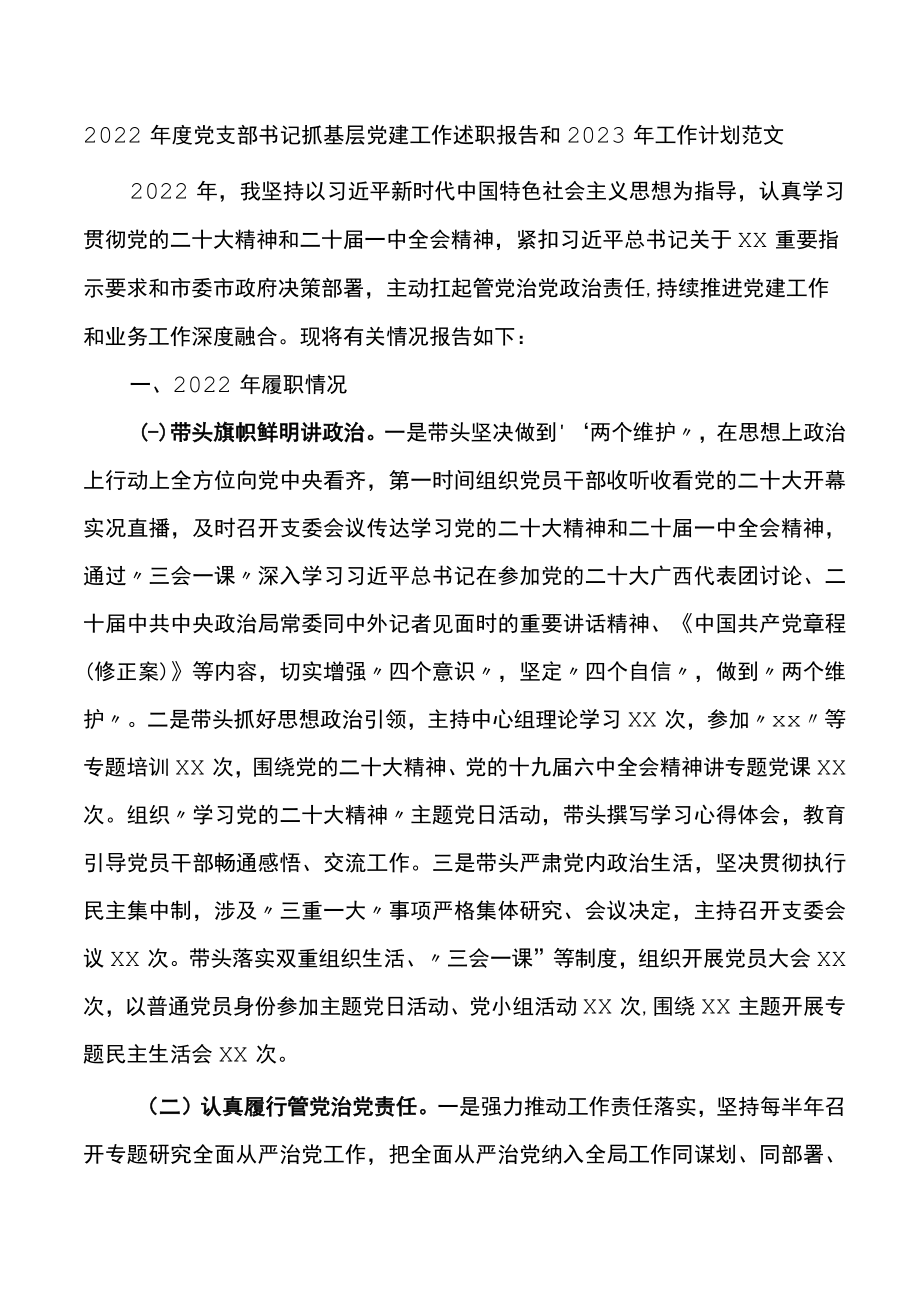 2022年度党支部书记抓基层党建工作述职报告和2023年工作计划.docx_第1页