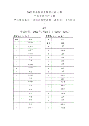 2022年全国职业院校技能大赛-中药传统技能赛项正式赛卷22年大赛性状+真伪试题-第2套A卷-GE-（7月28日下午）.docx
