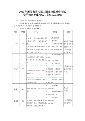 2023年浙江省高校招生职业技能操作考试学前教育专业考试内容形式及分值.docx