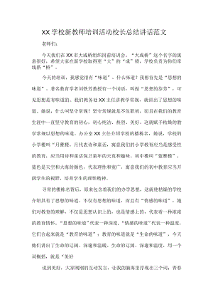 XX学校新教师培训活动校长总结讲话范文.docx