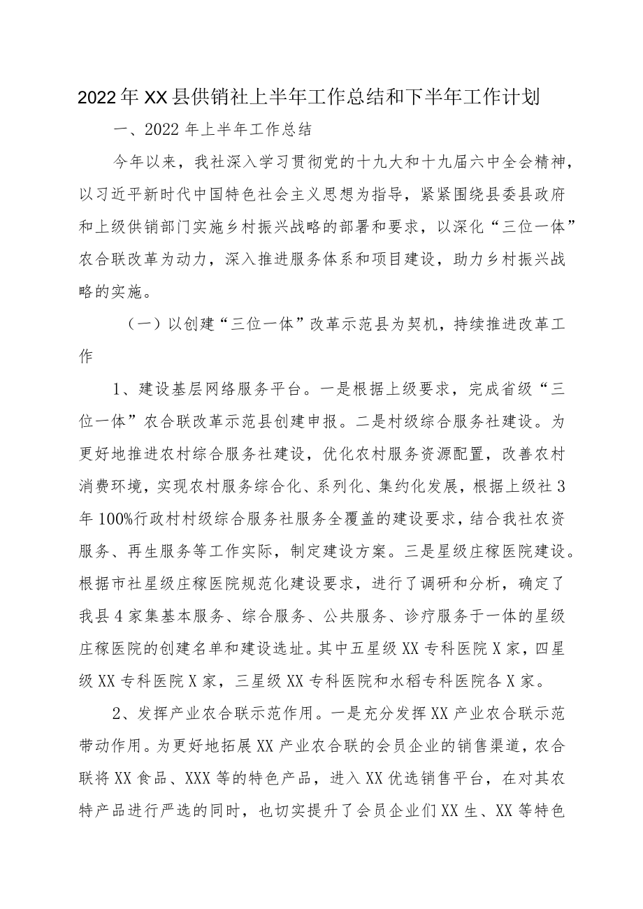 2022XX县供销社上半工作总结和下半工作计划.docx_第1页
