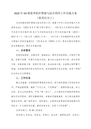 2022XX镇夏季秸秆禁烧与综合利用工作实施方案（附责任分工）.docx