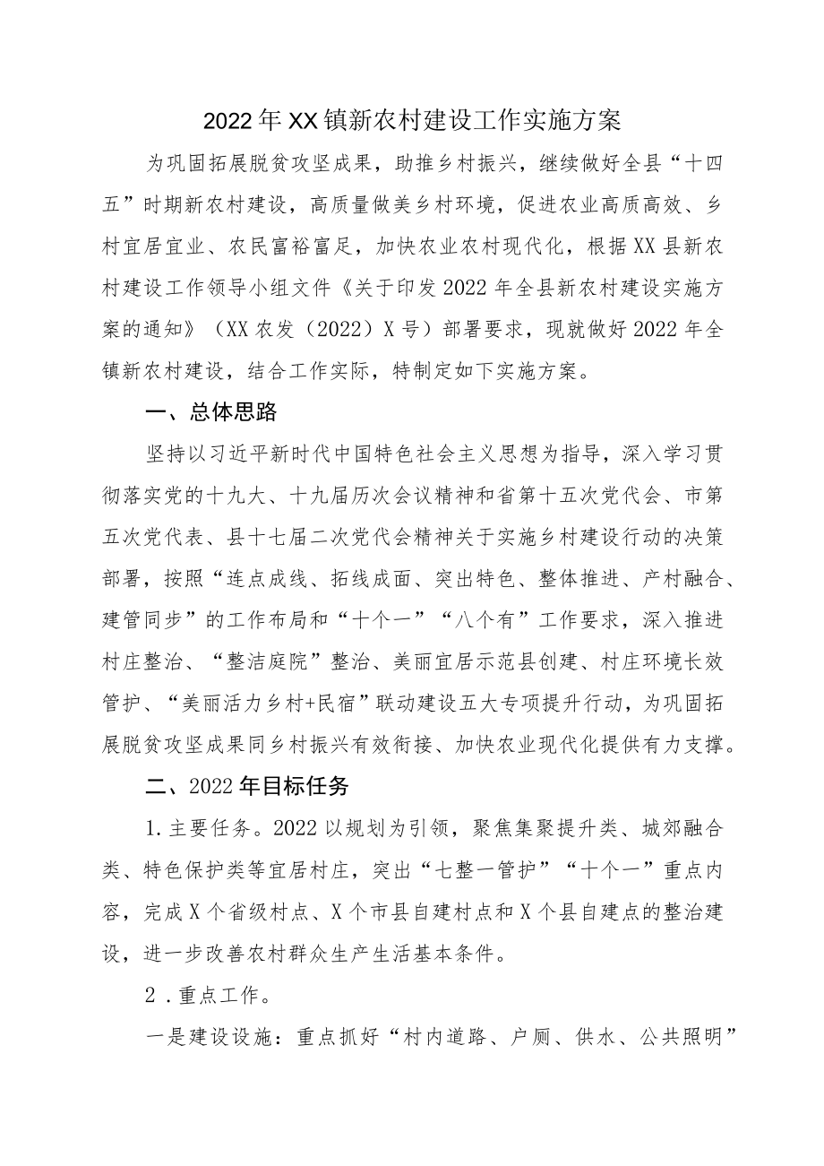 2022XX镇新农村建设工作实施方案(1).docx_第1页