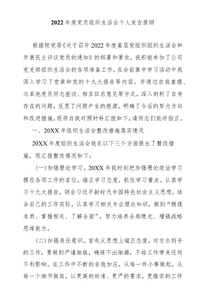 2022党员组织生活会个人发言提纲.docx