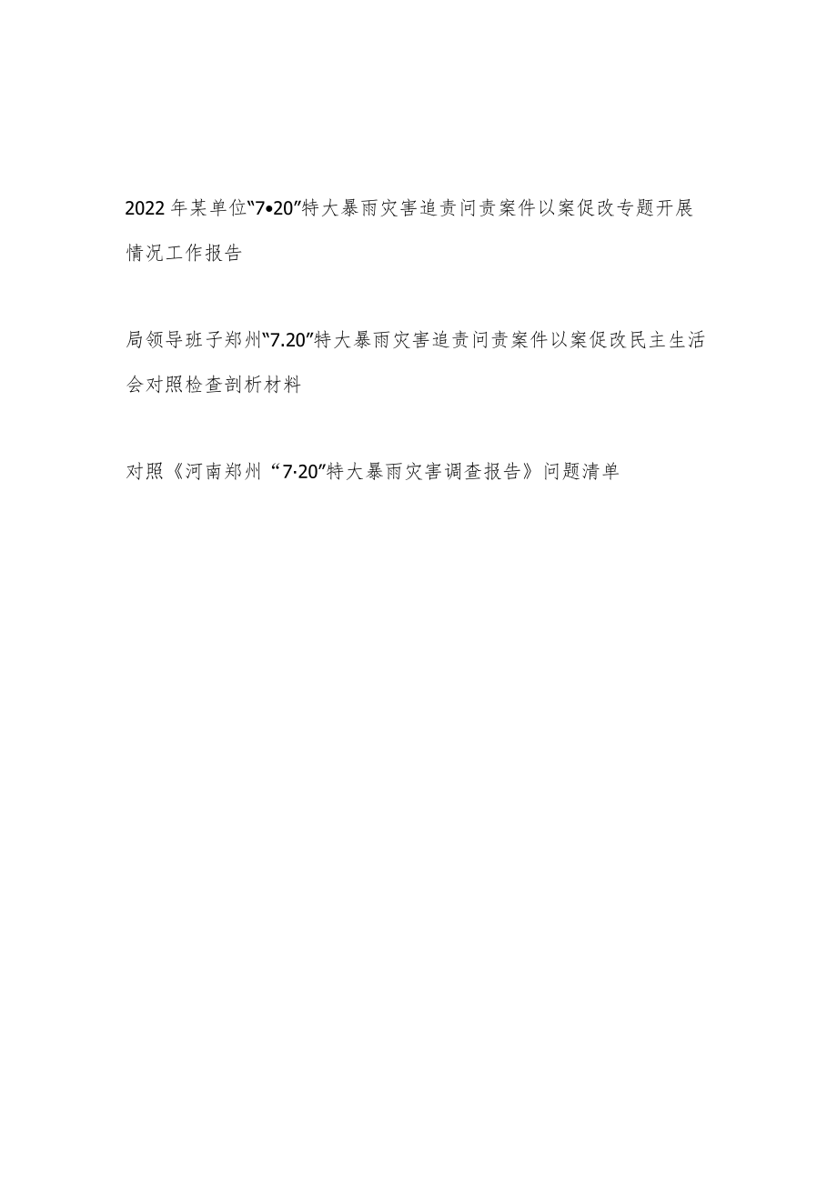2022单位班子“7·20”特大暴雨灾害追责问责案件以案促改开展情况报告民主生活会对照检查剖析材料问题清单.docx_第1页