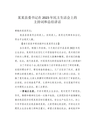某某县委书记在2023年民主生活会上的主持词和总结讲话.docx