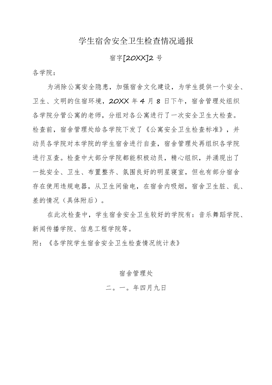 学生宿舍安全卫生检查情况通报.docx_第1页