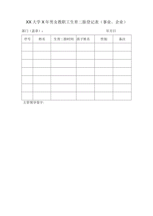 XX大学X年男女教职工生育二胎登记表（事业、企业）.docx
