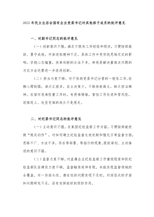 2022年民主生活会国有企业党委书记对其他班子成员的批评意见.docx