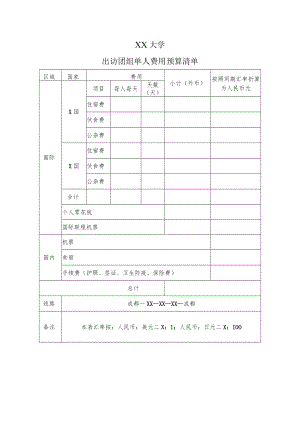 XX大学出访团组单人费用预算清单.docx