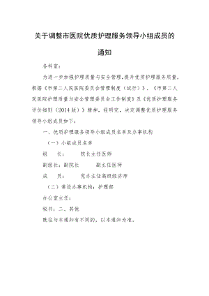 关于调整市医院优质护理服务领导小组成员的通知.docx