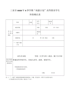 三亚市XXXX年X季学期“雨露计划”高等教育学生补助确认表.docx