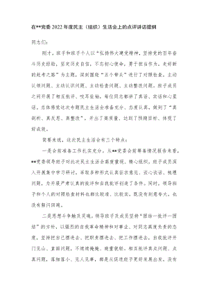 在党组党委2022年度民主（组织）生活会上的点评讲话提纲.docx