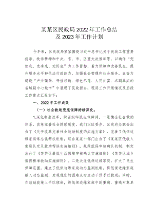 某区民政局2022年工作总结及2023年工作计划.docx