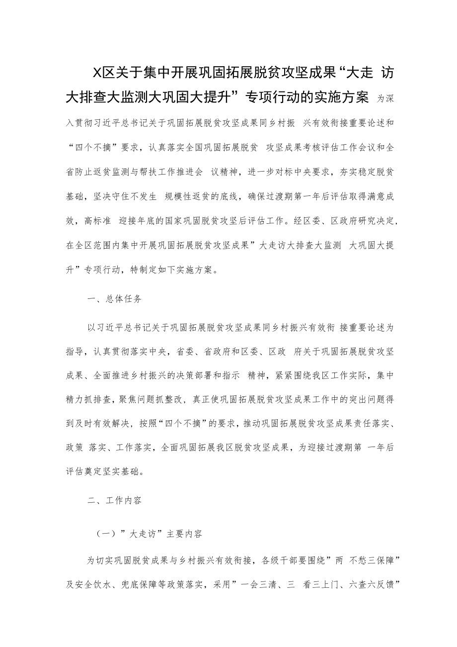 X区关于集中开展巩固拓展脱贫攻坚成果“大走访大排查大监测大巩固大提升”专项行动的实施方案.docx_第1页
