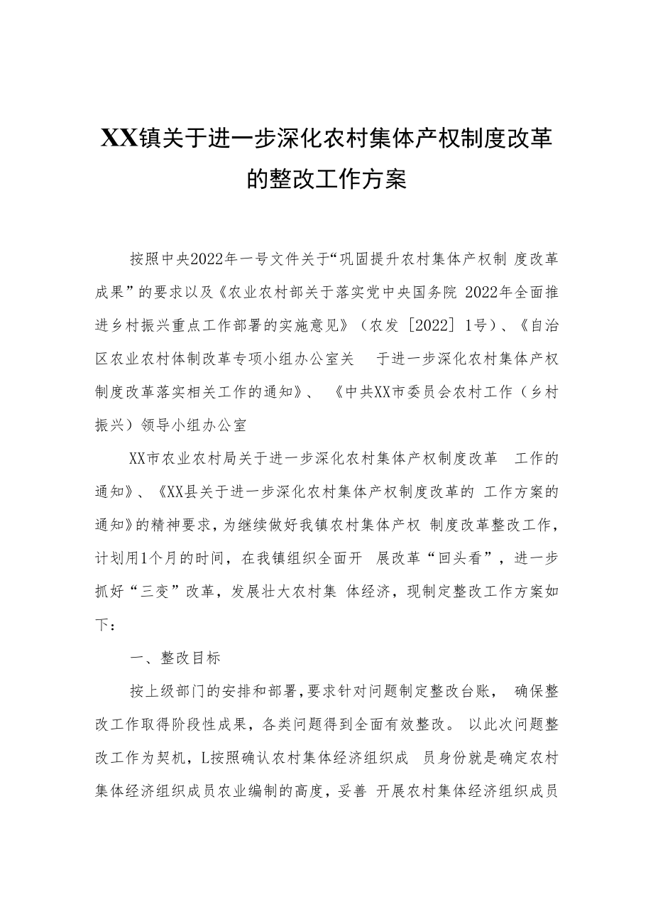 XX镇关于进一步深化农村集体产权制度改革的整改工作方案.docx_第1页