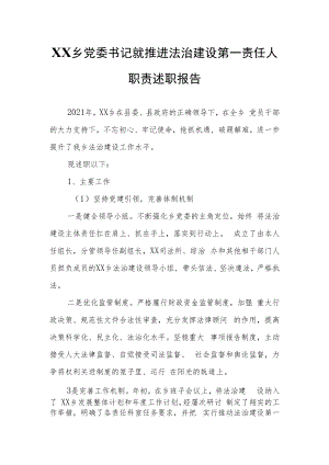 XX乡党委书记就推进法治建设第一责任人职责述职报告.docx