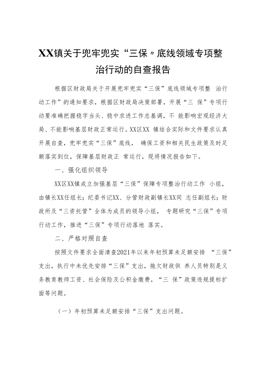 XX镇关于兜牢兜实“三保”底线领域专项整治行动的自查报告.docx_第1页