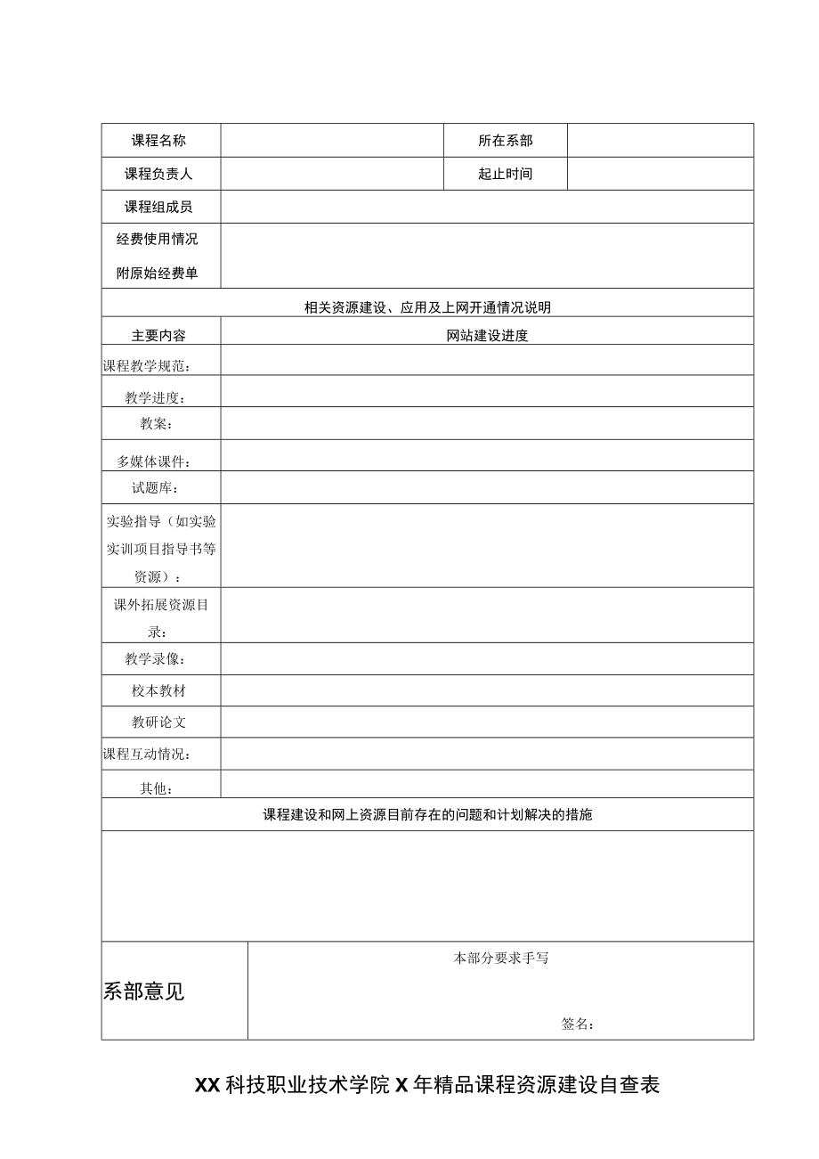 XX科技职业技术学院X年精品课程资源建设自查表.docx_第1页