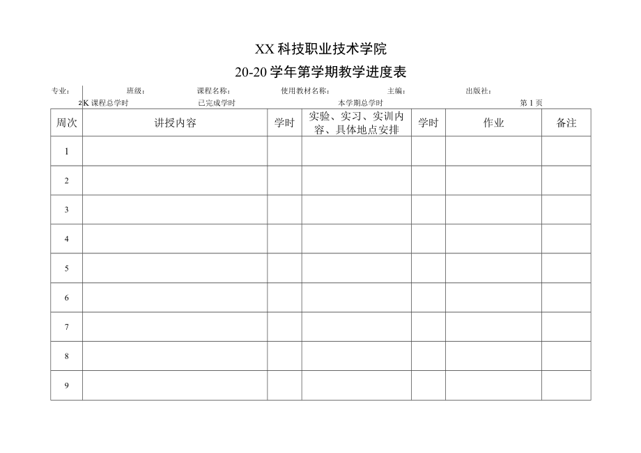 XX科技职业技术学院X学年第X学期教学进度表.docx_第1页