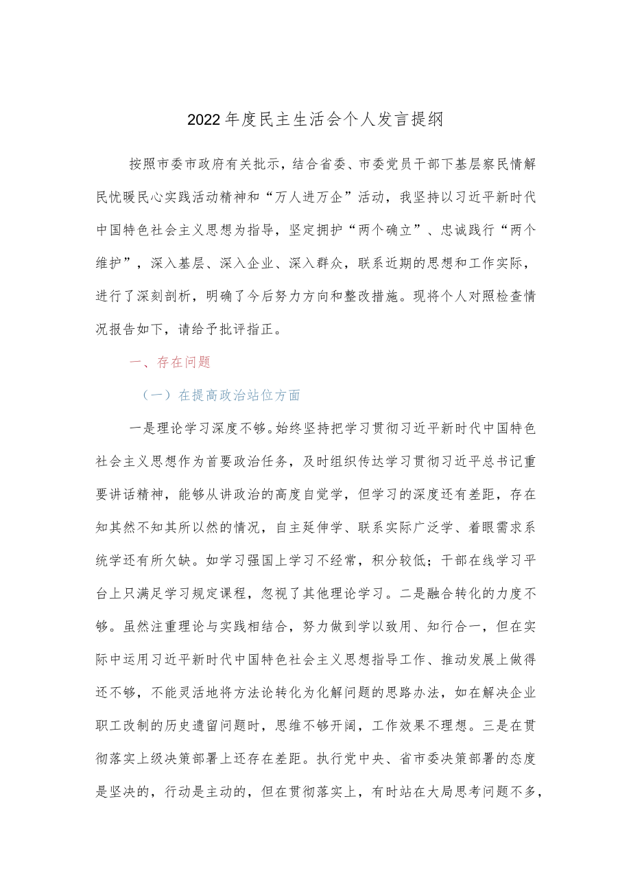 2022年度民主生活会个人发言提纲.docx_第1页