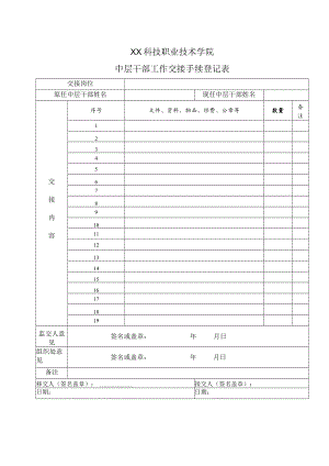 XX科技职业技术学院中层干部工作交接手续登记表.docx