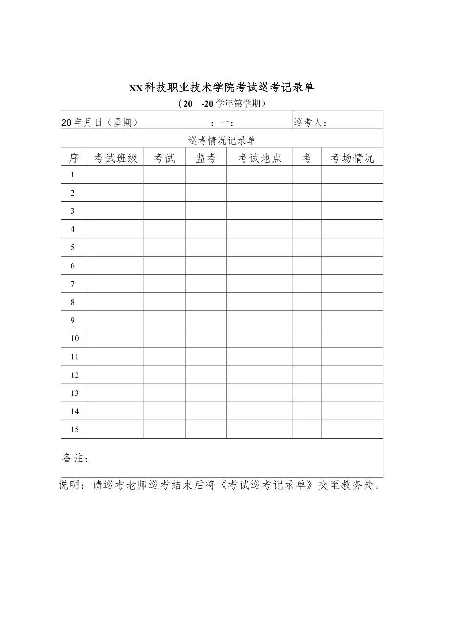XX科技职业技术学院考试巡考记录单（X学年X学期）.docx_第1页