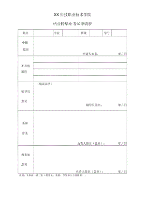 XX科技职业技术学院结业转毕业考试申请表.docx