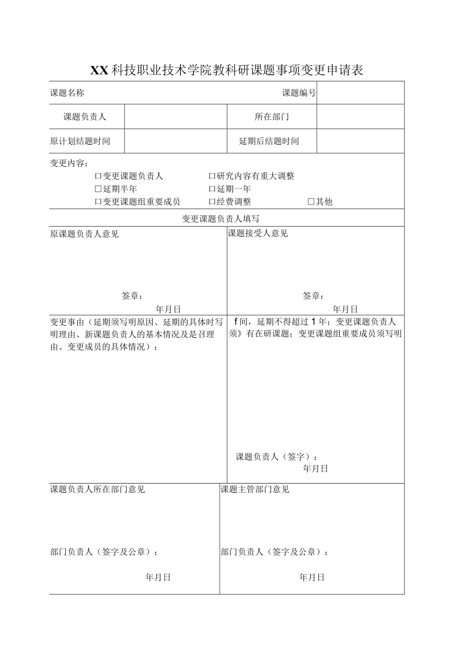 XX科技职业技术学院教科研课题事项变更申请表.docx_第1页