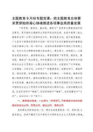 主题教育9月份专题党课：把主题教育总体要求贯穿始终凝心铸魂推进各项事业高质量发展.docx