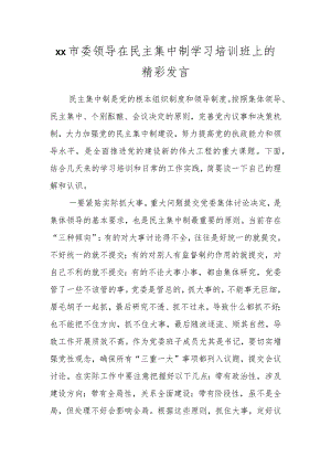 XX市委领导在民主集中制学习培训班上的精彩发言.docx