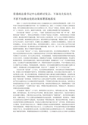 常委政法委书记中心组研讨发言：下深功夫实功夫 不折不扣推动党的决策部署落地落实.docx