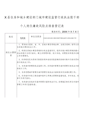 X县住房和城乡建设部门城市建设监管行政执法股干部个人岗位廉政风险点排查登记表.docx