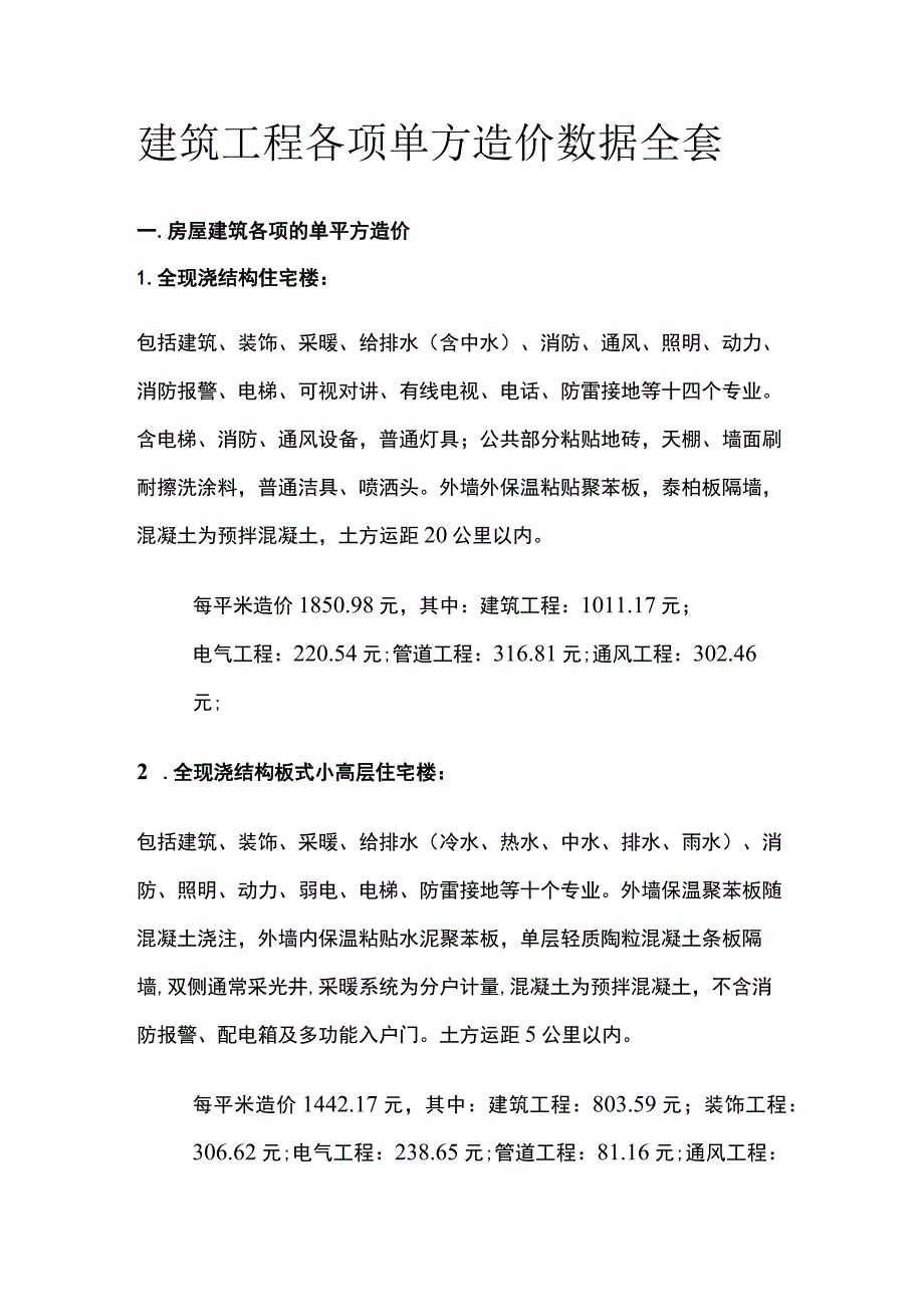 建筑工程各项单方造价数据全套.docx_第1页