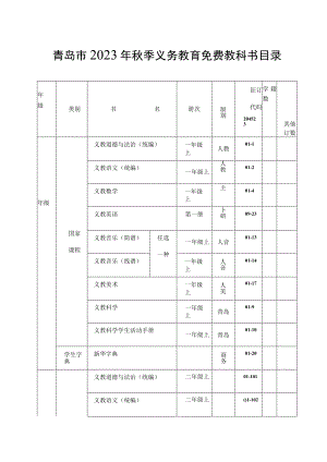 青岛市2023年秋季义务教育免费教科书目录.docx