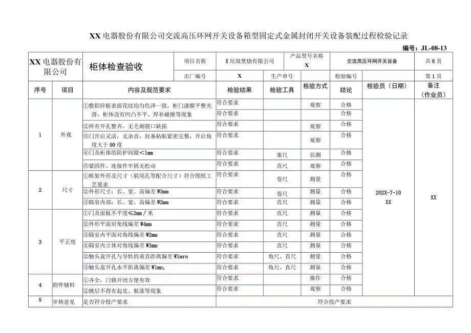 XX电器股份有限公司交流高压环网开关设备箱型固定式金属封闭开关设备装配过程检验记录（2023年）.docx_第1页