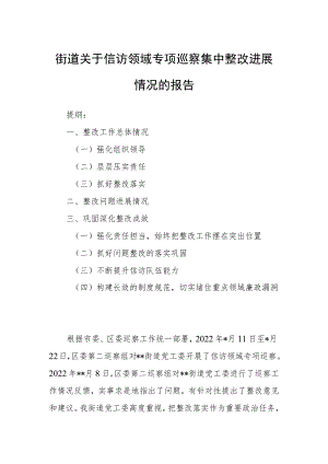 街道关于信访领域专项巡察集中整改进展情况的报告.docx