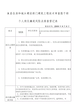 X县住房和城乡建设部门建筑工程技术审查股干部个人岗位廉政风险点排查登记表.docx