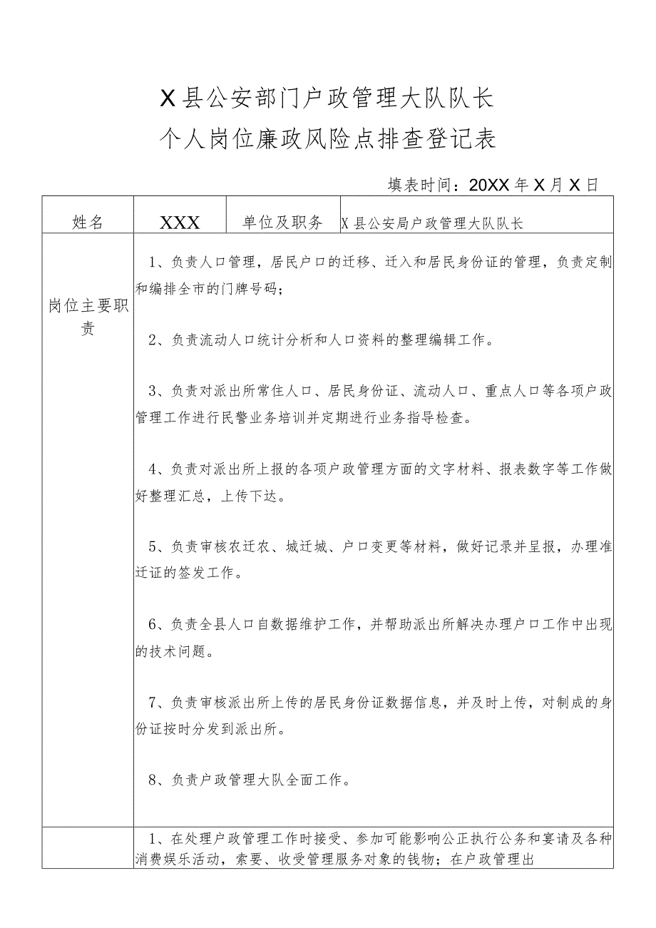 X县公安部门户政管理大队队长个人岗位廉政风险点排查登记表.docx_第1页