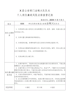 X县公安部门法制大队队长个人岗位廉政风险点排查登记表.docx