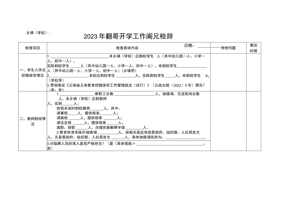 2023年XX县秋季学期开学工作情况检查表(模板).docx_第1页