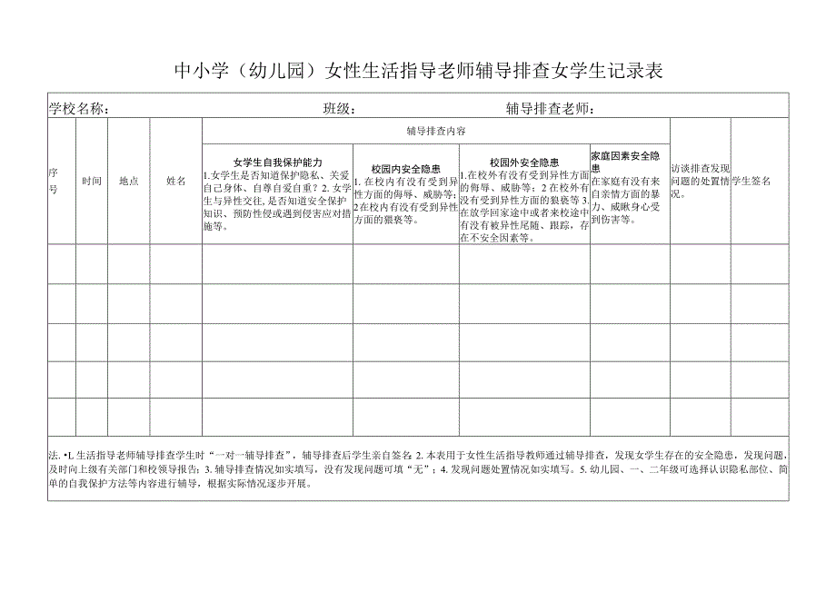 中小学(幼儿园)女性生活指导老师辅导排查女学生记录表.docx_第1页