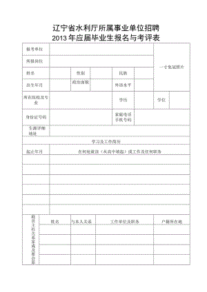 辽宁省水利厅所属事业单位招聘2013年应届毕业生报名与考评表.docx