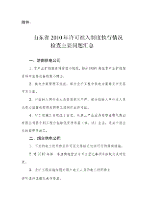 山东省XXXX年许可准入制度执行情况检查主要问题汇总.docx