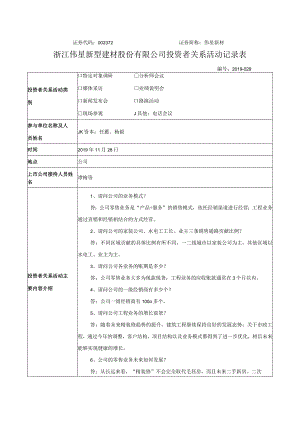 证券代码372证券简称伟星新材浙江伟星新型建材股份有限公司投资者关系活动记录表.docx