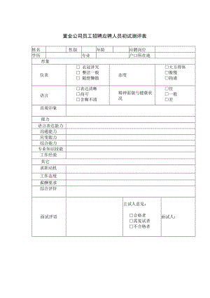 置业公司员工招聘应聘人员初试测评表.docx